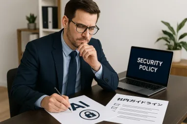 生成AIの社内導入に向けてセキュリティポリシーと利用ガイドラインを検討するビジネスパーソンのイメージ画像