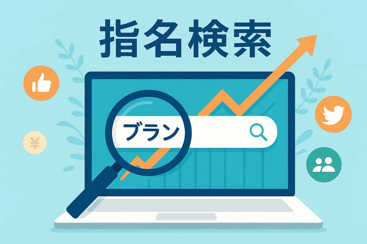 指名検索を象徴する検索バーとブランド名を拡大するルーペ、成長を示す上向き矢印のイラスト