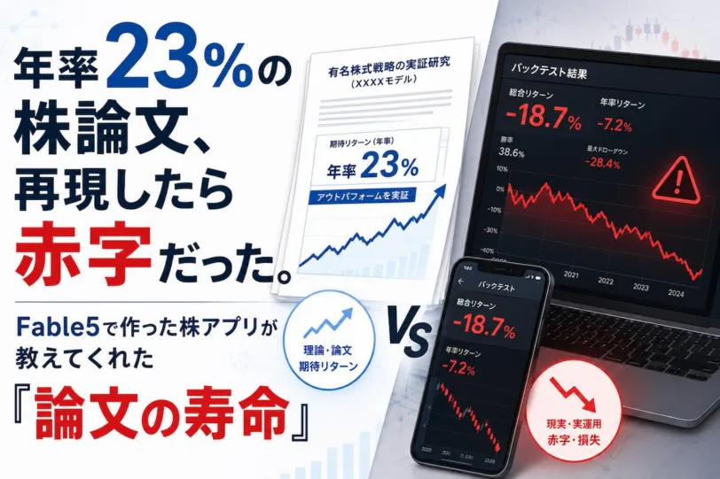 年率23%の株論文、再現したら赤字だった。Fable5で作った株アプリが教えてくれた「論文の寿命」